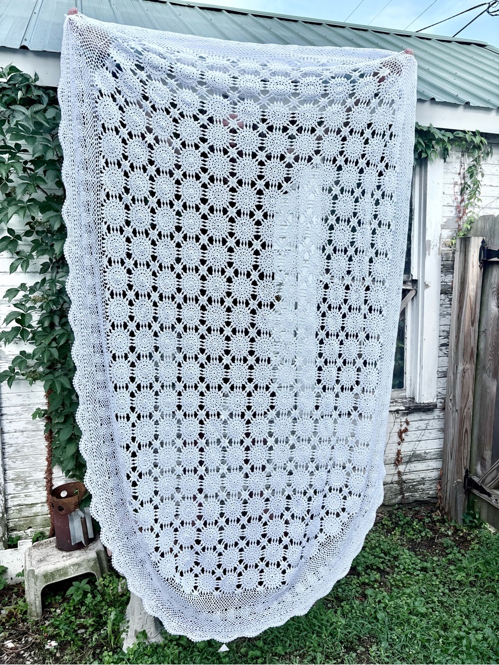 Vintage Large Handmade White Crochet Lace Oval Tablecloth or Throw